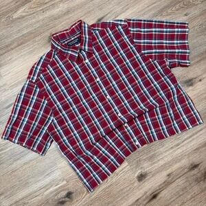 blue and red boxy cropped short sleeve plaid button up shirt